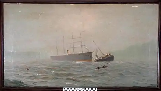 Oil painting by Robert Gilbert of the collision of Oceanic and City of Chester near Fort Point in 1888