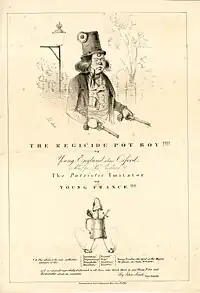 Satirical drawing of Oxford, showing him holding two pistols and carrying or wearing French revolutionary accessories