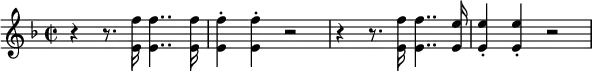 \relative c' {
\set Staff.midiInstrument = #"trumpet" \key d \minor \clef treble \time 2/2 \set Score.tempoHideNote = ##t \tempo 2 = 62
r4 r8. <e f'>16 <e f'>4.. <e f'>16 |
<e f'>4 -. <e f'>4 -. r2 |
r4 r8. <e f'>16 <e f'>4.. <e e'>16 |
<e e'>4 -. <e e'>4 -. r2 |
}