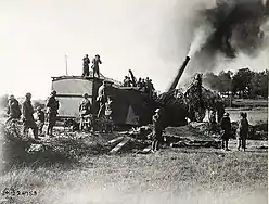 A gun of the 53rd Coastal Artillery, 80th division near Verdun, France.  Four shot were fired at a German rail head 30&nbsp;km away and aerial observers confirmed four hits.