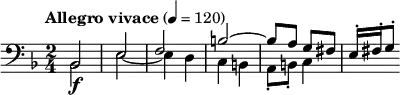 \relative c { \clef bass \time 2/4 \key d \minor \tempo "Allegro vivace" 4 = 120 << { bes2\f e f b~ | b8 a g fis | e16-. fis-. g8-. } \\ { bes,2 e~ | e4 d | c b | a8-. b-. c4 | s4 } >> }