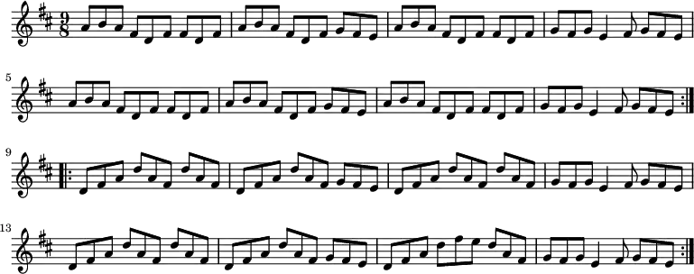 \relative c''
{
\key d \major \time 9/8
\repeat volta 2
{
a8 b a fis d fis fis d fis | a8 b a fis d fis g fis e | a8 b a fis d fis fis d fis | g fis g e4 fis8 g fis e |
a8 b a fis d fis fis d fis | a8 b a fis d fis g fis e | a8 b a fis d fis fis d fis | g fis g e4 fis8 g fis e
}
\repeat volta 2
{
d fis a d a fis d' a fis | d fis a d a fis g fis e | d fis a d a fis d' a fis | g fis g e4 fis8 g fis e |
d fis a d a fis d' a fis | d fis a d a fis g fis e | d fis a d fis e d a fis | g fis g e4 fis8 g fis e |
}
}