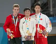 Still rings victory ceremony (from left to right): Félix Dolci (Silver), Takeru Kitazono (Gold), Yin Dehang (Bronze)
