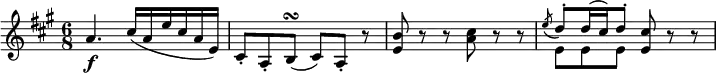 { \tempo 4 = 120 \set Score.tempoHideNote=##t \set Staff.midiInstrument = "violin" \relative a' { \key a \major \time 6/8
a4. \f cis16( a e' cis a e) | cis8-. a-. b( \turn cis) a-. r | <b' e,> 8 r r <cis a> r r |
<< \new Voice = "first" { \stemUp \slurDown \acciaccatura e8 \stemUp \slurUp d8^. d16( cis) d8^. }
\new Voice = "second" { \stemDown e,8 e e } >> <cis' e,>8 r r }}