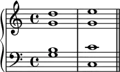 \new PianoStaff <<
\new Staff <<
\new Voice \relative c'' {
\stemUp \clef treble \key c \major \time 4/4
d1 e
}
\new Voice \relative c'' {
\stemDown
g1 g
}
>>
\new Staff <<
\new Voice \relative c' {
\stemUp \clef bass \key c \major \time 4/4
b1 c
}
\new Voice \relative c' {
\stemDown
g1 c, \bar "||"
}
>>
>>