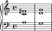 \new PianoStaff <<
\new Staff <<
\new Voice \relative c' {
\stemUp \clef treble \key c \major \time 4/4
fis1 g
}
\new Voice \relative c' {
\stemDown
c1 d
}
>>
\new Staff <<
\new Voice \relative c' {
\clef bass \key c \major \time 4/4
a1 g
}
>>
>>