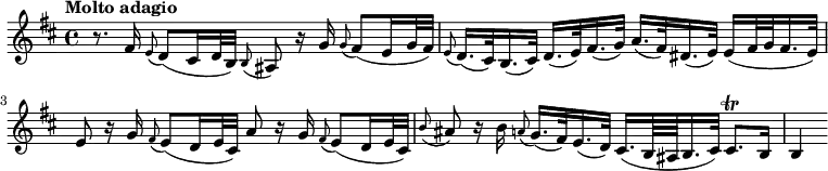 \relative c' { \set Staff.midiInstrument = #"viola" \set Score.tempoHideNote = ##t \clef treble \key b \minor \time 4/4 \tempo "Molto adagio" 4 = 28
r8. fis16 \appoggiatura e8 d( cis16 d32 b) \appoggiatura b8 ais r16 g' \appoggiatura g8 fis(e16 g32 fis) |
\appoggiatura e8 d16.(cis32) b16.(cis32) d16.(e32) fis16.(g32) a16.(fis32) dis16.(e32) e16(fis32 g fis16. e32) |
e8 r16 g \appoggiatura fis8 e(d16 e32 cis) a'8 r16 g \appoggiatura fis8 e(d16 e32 cis)|
\appoggiatura b'8 ais r16 b \appoggiatura a8 g16.(fis32) e16.(d32) cis16.(b64 ais b16. cis32) cis8. \trill b16|
b4
}