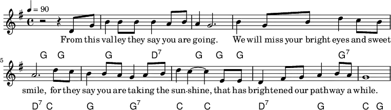 {\language "english" \new PianoStaff \transpose c c
<< \new Staff\relative c'{\set Staff.midiInstrument= #"reed organ" \clef treble \key g \major\time 4/4 \tempo 4=90 r2 r4 d8 g8 b4 b8 b8 b4 a8 b8 a4 g2. b4 g8 b d4 c8 b a2. d8 c b4 b8 a g4 a8 b d4 c4 ~c4 e,8 e8 d4 fs8 g8 a4 b8 a g1 } \addlyrics{From this val -- ley they say you are go -- ing. We will_miss your_bright eyes and sweet smile, for they say you are ta -- king the sun -- shine, that has bright -- ened our path -- way a while.} \new ChordNames {\chordmode {\clef bass g,2 g, g d:7 g, g, g g:7 d:7 c g g:7 c c d:7 g c g } }>>}