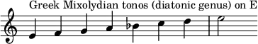 {
\override Score.TimeSignature #'stencil = ##f
\relative c' {
\clef treble \time 7/4
e4^\markup { Greek Mixolydian tonos (diatonic genus) on E } f g a bes c d e2
} }