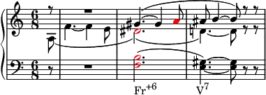 {
\new PianoStaff <<
\new Staff <<
\new Voice \relative c'' {
\clef treble \key a \minor \time 6/8
\voiceOne \partial8 r8 R2. gis4.(~ gis4 \once \override NoteHead.color = #red a8 ais8 b4~ b8) r r
}
\new Voice \relative c' {
\voiceTwo \partial8 a( f'4.~ f4 e8 \once \override NoteHead.color = #red dis2.)( d!4.)~ d8 r r
}
>>
\new Staff <<
\relative c {
\clef bass \key a \minor \time 6/8
\partial8 r8 R2. \once \override NoteHead.color = #red <f b>2.(_\markup { \concat { "Fr" \raise #1 \small "+6" \hspace #8 "V" \raise #1 \small "7" } } <e gis>4.)~ <e gis>8 r r
}
>>
>> }