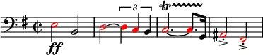 \relative c{
\set Staff.midiInstrument = #"tuba"
\set Score.tempoHideNote = ##t
\tempo 4 = 130
\clef bass
\key g \major
\time 2/2
\once \override NoteHead.color = #red e2 \ff b \override NoteHead.color = #red d~ \times 2/3 { d4 c \override NoteHead.color = #black b } \override NoteHead.color = #red c2.~\startTrillSpan c8. \override NoteHead.color = #black g16\stopTrillSpan \override NoteHead.color = #red ais2\accent\staccato fis\accent\staccato
}