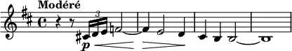 {
\set Staff.midiInstrument = #"english horn"
\relative c' {
\set Score.currentBarNumber = #5
\key d\major
\time 4/4
\tempo Modéré
\override DynamicLineSpanner.staff-padding = #2
r4 r8 \tuplet 3/2 { cis!16\p\< d e } f2~
f4\> e2 d4\!
cis4 b b2~
b1
}
}