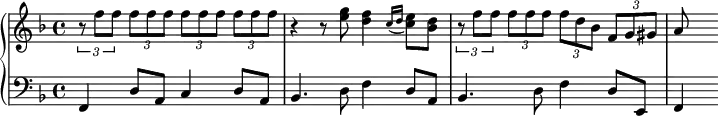 {
\new PianoStaff <<
\new Staff <<
\relative c'' {
\clef treble \key f \major \time 4/4
\tuplet 3/2 { r8 f f } \tuplet 3/2 { f f f } \tuplet 3/2 { f f f } \tuplet 3/2 { f f f }
r4 r8 <e g> <d f>4 \acciaccatura { c16 d } <c e>8 <bes d>
\tuplet 3/2 { r8 f' f } \tuplet 3/2 { f f f } \tuplet 3/2 { f d bes } \tuplet 3/2 { f g gis }
a
}
>>
\new Staff <<
\relative c, {
\clef bass \key f \major \time 4/4
f4 d'8 a c4 d8 a
bes4. d8 f4 d8 a
bes4. d8 f4 d8 e,
f4
}
>>
>> }