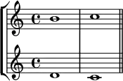 { << \new StaffGroup <<
\new Staff <<
\clef treble \time 4/4
\relative c'' {
\clef treble \time 4/4
b1 c
}
>>
\new Staff <<
\clef treble \time 4/4
\new Voice \relative c' {
d1 c \bar "||"
}
>>
>>
>> }