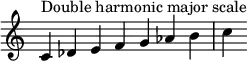 {
\override Score.TimeSignature #'stencil = ##f
\relative c' {
\clef treble \time 7/4
c4^\markup { Double harmonic major scale } des e f g aes b c
} }