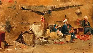 A market scene, signed Paul Joanovitsch, oil on panel, 13.5 x 23 cm, framed.