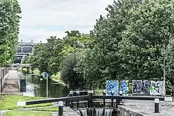 A view along the Royal Canal from Newcomen Bridge with Croke Park in the distance