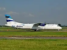 Aer Arann (formerly Cimber Air, originally Binter Canarias) EI-REI, an ATR 72-201 taxies to take off from runway 05 left at Manchester Airport. Monday 28th July 2008