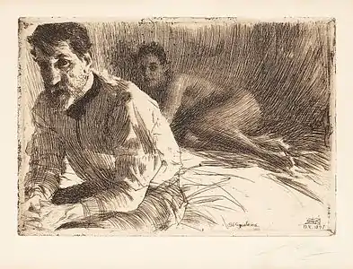 Anderson depicted behind Saint-Gaudens in an etching by Anders Zorn, 1897
