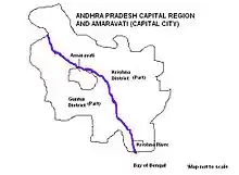 Map showing Andhra Pradesh Capital Region spread across Guntur and Krishna districts with the city of Amaravati on the banks of River Krishna