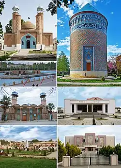 Landmarks of Barda, from top left:Imamzadeh Mausoleum • Barda MausoleumAncient bridge • State Art GalleryBarda Juma Mosque • Barda Sports CenterSabir Garden Park