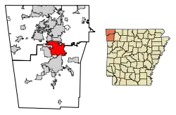 Location of Springdale in Benton County and Washington County, Arkansas.
