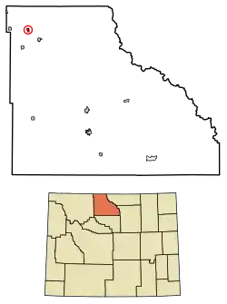 Location of Cowley in Big Horn County, Wyoming.