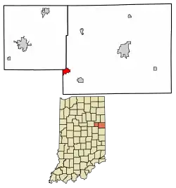 Location of Dunkirk in Blackford County and Jay County, Indiana.