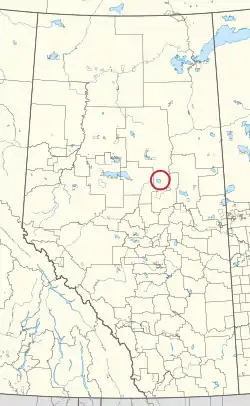 A map of the province of Alberta showing 80 counties and 145 small Indian reserves. One is highlighted with a red circle.