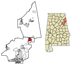 Location of Piedmont in Calhoun County and Cherokee County, Alabama