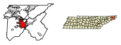 Location of Johnson City in Carter, Sullivan and Washington Counties, Tennessee.