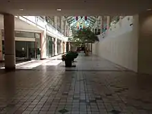 A deserted corridor of Charlestowne Mall, showing several abandoned or covered-up storefronts.