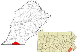 Location of Elk Township in Chester County (left) and of Chester County in Pennsylvania (right)