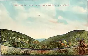 Curving railroad on embankment