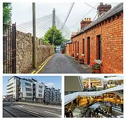 Clockwise from top: William Dargan Bridge as seen from Victoria Terrace; the interior of Dundrum Town Centre;
"The Laurels" apartment complex in central Dundrum