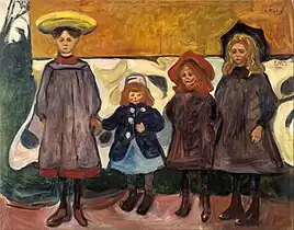 Four Girls in Åsgårdstrand, 1903, .mw-parser-output .frac{white-space:nowrap}.mw-parser-output .frac .num,.mw-parser-output .frac .den{font-size:80%;line-height:0;vertical-align:super}.mw-parser-output .frac .den{vertical-align:sub}.mw-parser-output .sr-only{border:0;clip:rect(0,0,0,0);clip-path:polygon(0px 0px,0px 0px,0px 0px);height:1px;margin:-1px;overflow:hidden;padding:0;position:absolute;width:1px}87 cm × 111 cm (34+1⁄4 in × 43+3⁄4 in), Munch Museum, Oslo
