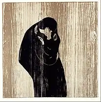 Kiss IV, 1902, woodcut print on wood, .mw-parser-output .frac{white-space:nowrap}.mw-parser-output .frac .num,.mw-parser-output .frac .den{font-size:80%;line-height:0;vertical-align:super}.mw-parser-output .frac .den{vertical-align:sub}.mw-parser-output .sr-only{border:0;clip:rect(0,0,0,0);clip-path:polygon(0px 0px,0px 0px,0px 0px);height:1px;margin:-1px;overflow:hidden;padding:0;position:absolute;width:1px}47 cm × 47 cm (18+1⁄2 in × 18+1⁄2 in), Munch Museum, Oslo