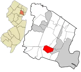 Location of South Orange in Essex County highlighted in red (right). Inset map: Location of Essex County in New Jersey highlighted in orange (left).