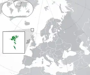 Location of the Faroe Islands (green)in Europe (green and dark grey)