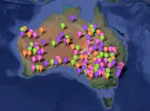 Locations of Bureau of Meteorology operated weather stations which recorded a temperature of 45 °C or above during January 2013.