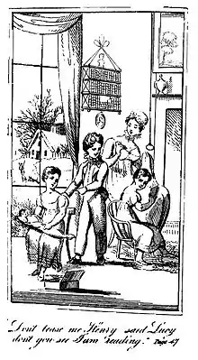 A drawing of a woman watching three children play in a room with a large, draped window.