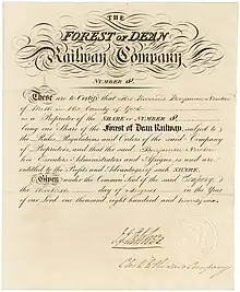 Founder share of the Forest of Dean Railway Company, issued on 30 August 1826