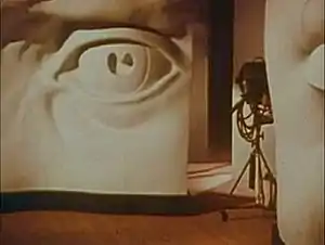Photograph showing a rectangular plaster sculpture standing on a floor. The sculpture shows a portion of a person's face with the eye, eyebrow, and part of the upper cheek. The sculpture is about 2 meters (6 ft 7 in) high and 1 meter (3 ft 3 in) wide. There is a second, similar sculpture of a person's mouth that is standing closer to the viewer; only a portion of it is visible. There is a television camera on wheels between the two sculptures.
