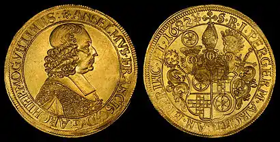 Anselm Franz von Ingelheim, Archbishop of Mainz, depicted on a Mainz, German States 10 Ducat coin (1682)