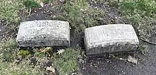 Two simple oblong gravestones on grass - the left reads "Grandma Jonesie" and the right reads "John Jones", both in sans-serif font