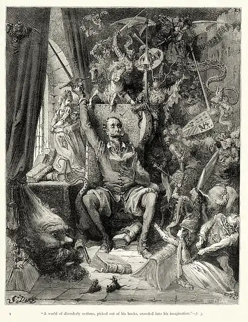 Image 2Don QuixoteRestoration: Adam CuerdenAn engraving by Gustave Doré of a scene from Miguel de Cervantes's Don Quixote, the most influential work of literature from the Spanish Golden Age in the Spanish literary canon. The scene illustrated here occurs early in the novel, when Alonso Quixano (Quixote's real name) has become obsessed with books of chivalry, and believes their every word to be true, despite the fact that many of the events in them are clearly impossible. Don Quixote was published in two separate volumes, ten years apart. It is considered a founding work of modern Western literature, and it regularly appears high on lists of the greatest works of fiction ever published.More selected pictures