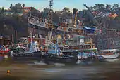 'Hail Hail the Gang’s All Here - Sydney Heritage Fleet at Rozelle', 2013, oil on canvas, 122 x 183&nbsp;cm, © Jane Bennett