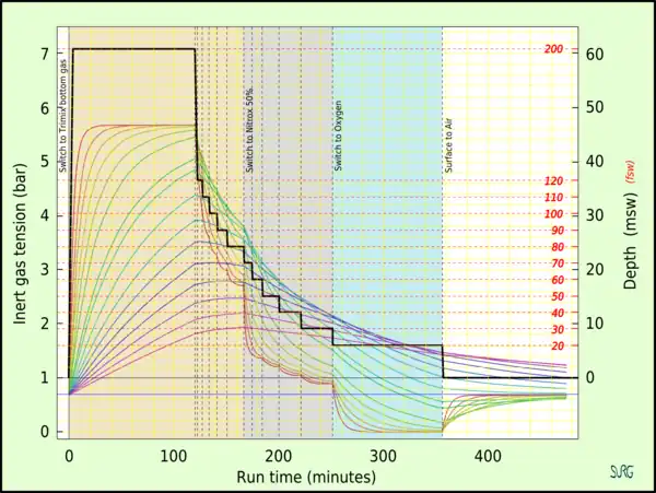 Graph of inert gas tension in 16 theoretical tissue compartments during and shortly after a square profile decompression dive using a trimix bottom gas and two decompression gases, namely Nitrox 50 and 100% oxygen.