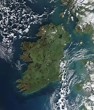 Image 14A true-color picture of Ireland, as seen from space, with the Atlantic Ocean to the west and the Irish Sea to the east. (from Portal:Earth sciences/Selected pictures)