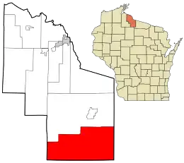 Location in Iron County and the state of Wisconsin.